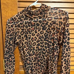 Free People Leopard Print Long Sleeve mock neck mesh top